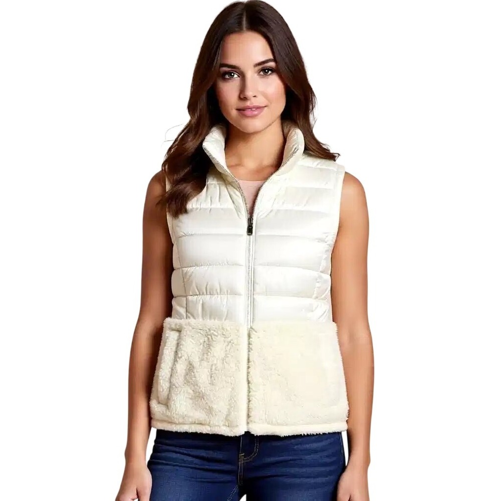 Calvin Klein Womens Puffer Vest Cream Faux Fur Mixed Media Quilted Zip Up Sm NWT